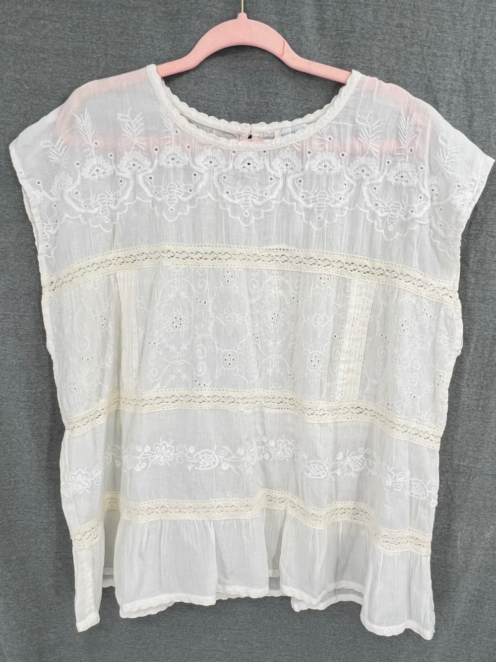 Sundance Eyelet Lace Embroidered Blouse Top XXL 100% Cotton Tuxedo Pleats Boho